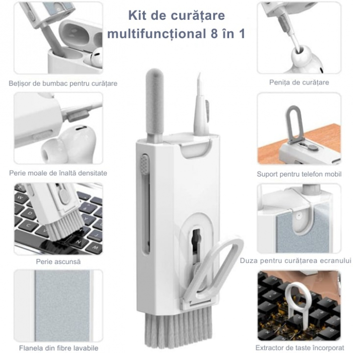 Kit Multifunctional de Curatare Produse Electronice 8 in 1 VarioShop®, cu Microfibra, Suport Telefon, Pulverizator si Perie pentru Electronice, Casti, Tastatura, Telefon, PC, Laptop, Alb [19]