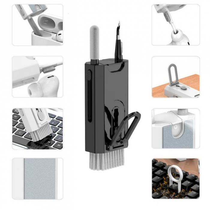 Kit Multifunctional de Curatare Produse Electronice 8 in 1 VarioShop®, cu Microfibra, Suport Telefon, Pulverizator si Perie pentru Electronice, Casti, Tastatura, Telefon, PC, Laptop, Alb [2]