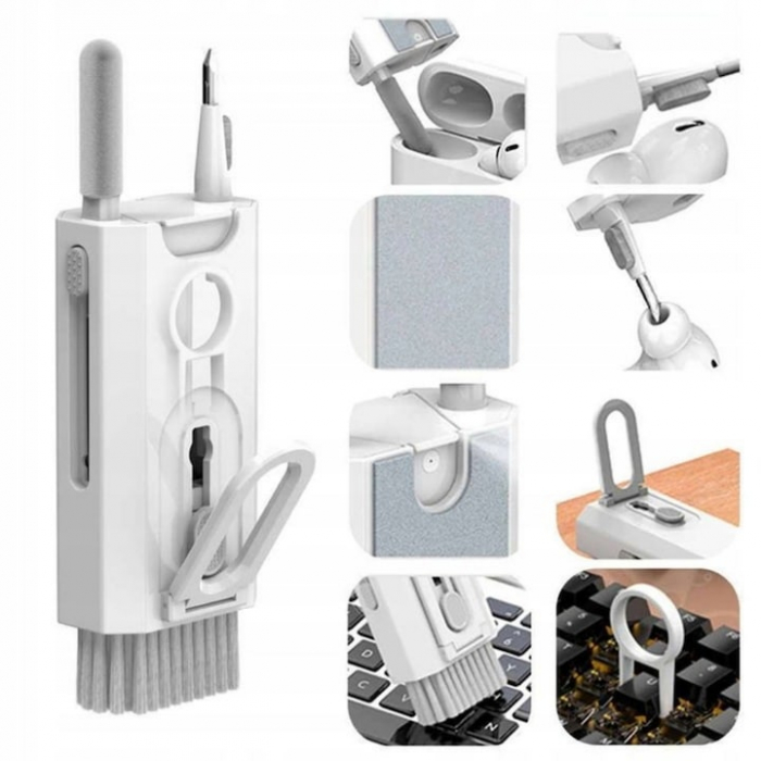 Kit Multifunctional de Curatare Produse Electronice 8 in 1 VarioShop®, cu Microfibra, Suport Telefon, Pulverizator si Perie pentru Electronice, Casti, Tastatura, Telefon, PC, Laptop, Alb [9]