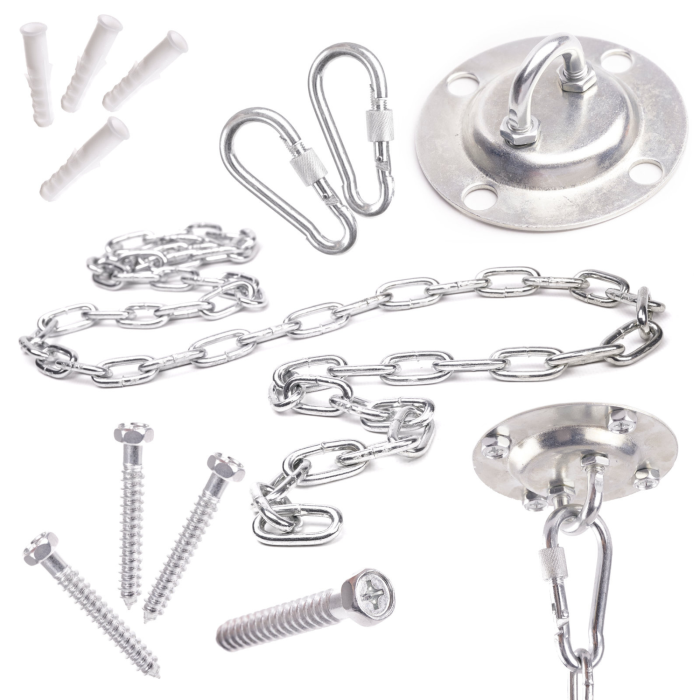 Kit prindere tavan VarioShop® pentru leagan si hamac, carlig metalic cu lant 150 cm si carabiniere, suport suspendare 200 kg, sistem montaj sigur [2]