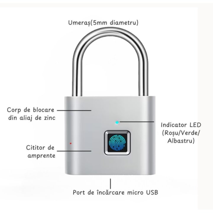 Lacat Inteligent cu Amprenta Digitala VarioShop®, Rezistent la Apa IP56, Otel si Zinc, Stocare pana la 10 Amprente, Baterie Reincarcabila, Cablu Micro-USB Inclus [2]
