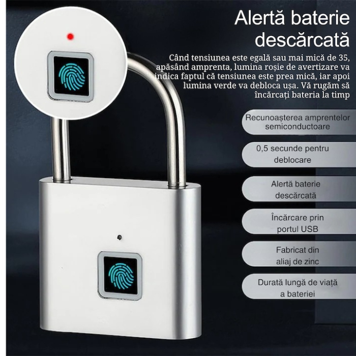Lacat Inteligent cu Amprenta Digitala VarioShop®, Rezistent la Apa IP56, Otel si Zinc, Stocare pana la 10 Amprente, Baterie Reincarcabila, Cablu Micro-USB Inclus [7]