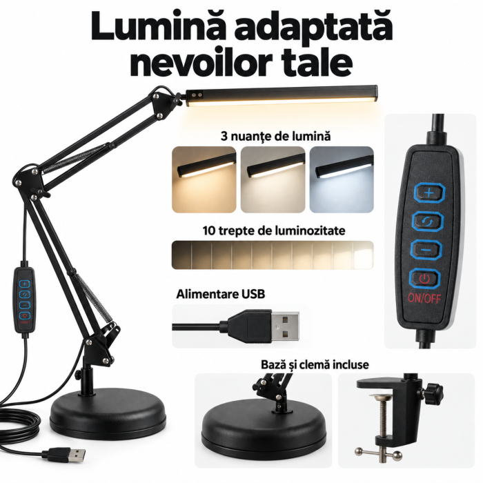 Lampa de birou LED VarioShop®, cu clema si brat reglabil, pentru citit si studiu, baza inclusa, 3 nuante de lumina, 10 trepte de luminozitate, USB, neagra [2]