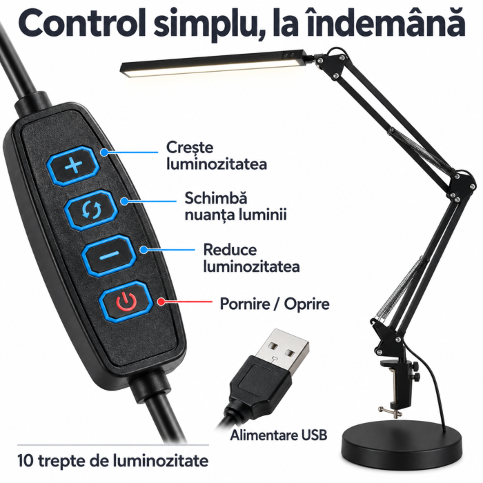 Lampa de birou LED VarioShop®, cu clema si brat reglabil, pentru citit si studiu, baza inclusa, 3 nuante de lumina, 10 trepte de luminozitate, USB, neagra [9]