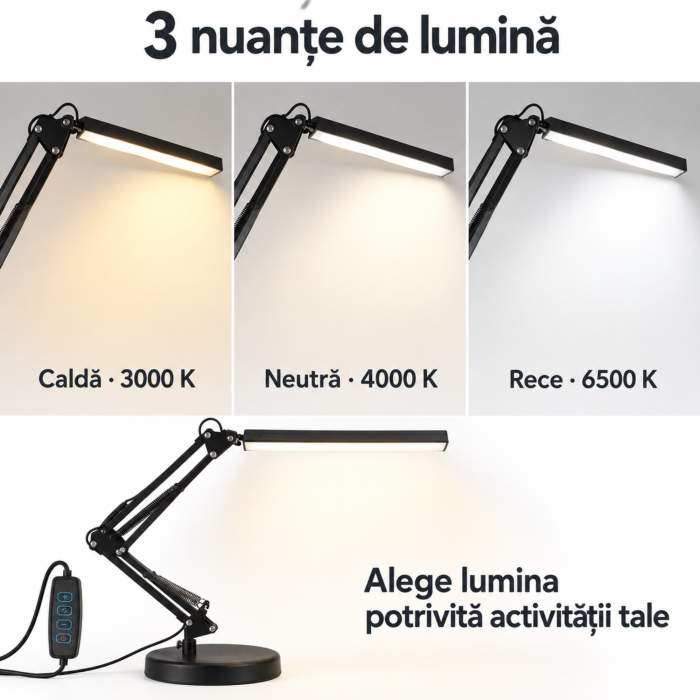 Lampa de birou LED VarioShop®, cu clema si brat reglabil, pentru citit si studiu, baza inclusa, 3 nuante de lumina, 10 trepte de luminozitate, USB, neagra [8]