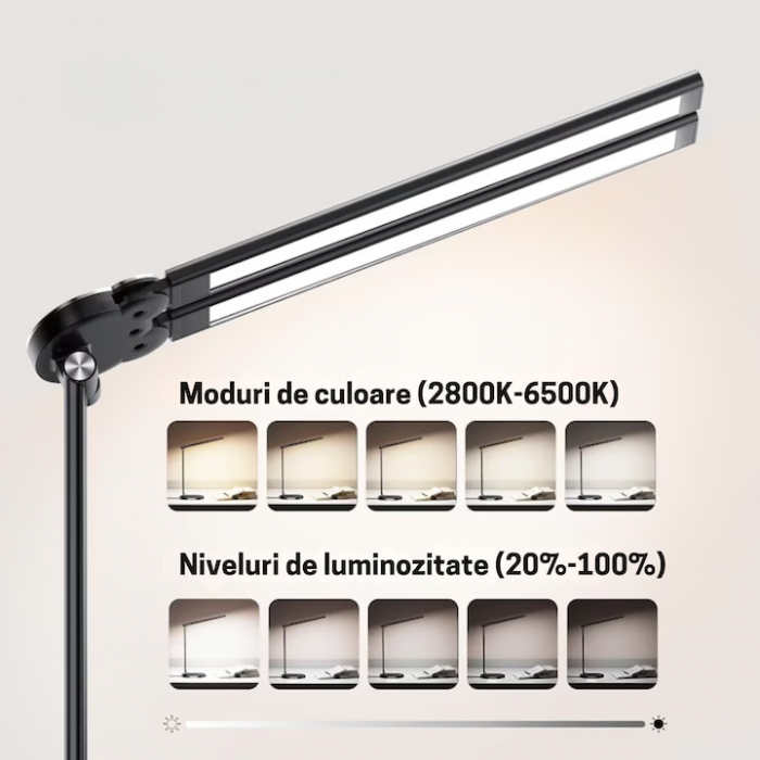 Lampa de birou LED VarioShop®, inaltime reglabila, 3 moduri de iluminare, 10 nivele de intensitate, protectie ochi, pentru banc de lucru, lectura, relaxare, Negru [5]