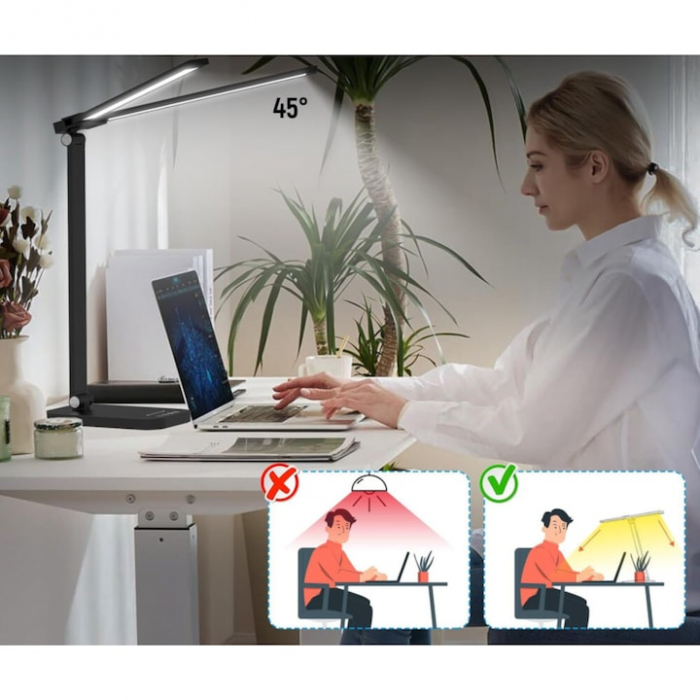 Lampa de birou LED VarioShop®, inaltime reglabila, 3 moduri de iluminare, 10 nivele de intensitate, protectie ochi, pentru banc de lucru, lectura, relaxare, Negru [10]