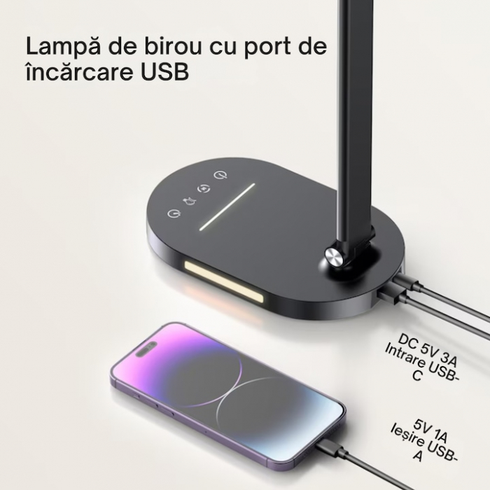 Lampa de birou LED VarioShop®, inaltime reglabila, 3 moduri de iluminare, 10 nivele de intensitate, protectie ochi, pentru banc de lucru, lectura, relaxare, Negru [4]