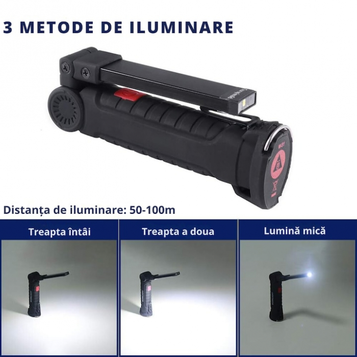 Lampa de lucru LED COB VarioShop®, cu acumulator, portabila, baza magnetica, cu carlig, rotativa 360 grade, rezistenta la apa, incarcare USB, Negru [21]