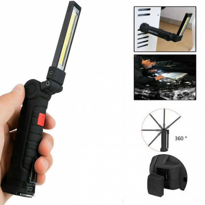 Lampa de lucru LED COB VarioShop®, cu acumulator, portabila, baza magnetica, cu carlig, rotativa 360 grade, rezistenta la apa, incarcare USB, Negru [20]