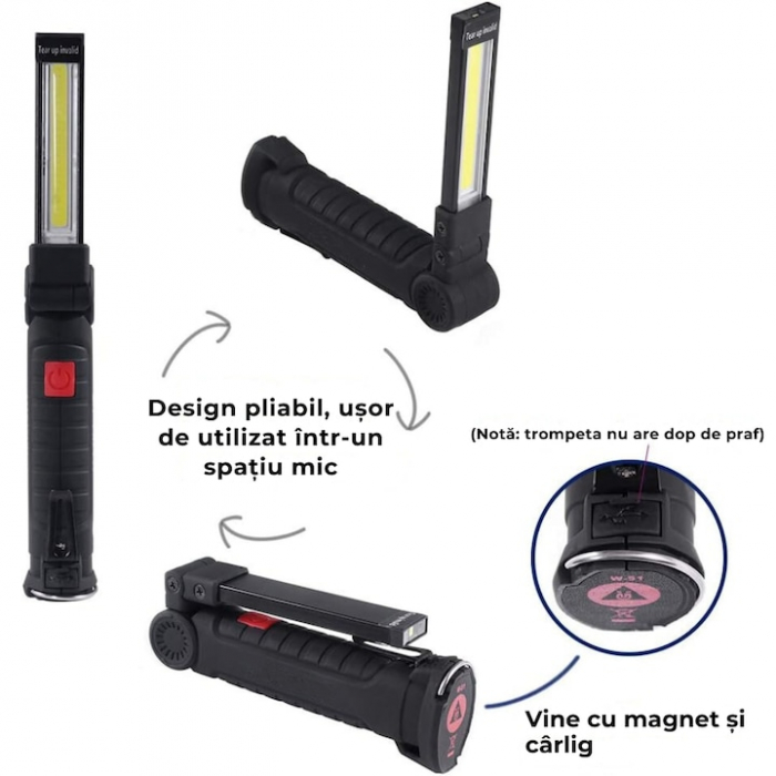 Lampa de lucru LED COB VarioShop®, cu acumulator, portabila, baza magnetica, cu carlig, rotativa 360 grade, rezistenta la apa, incarcare USB, Negru [23]