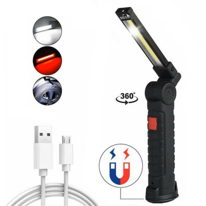 Lampa de lucru LED COB VarioShop®, cu acumulator, portabila, baza magnetica, cu carlig, rotativa 360 grade, rezistenta la apa, incarcare USB, Negru [17]