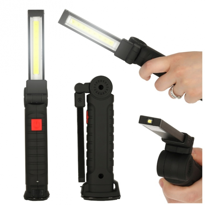 Lampa de lucru LED COB VarioShop®, cu acumulator, portabila, baza magnetica, cu carlig, rotativa 360 grade, rezistenta la apa, incarcare USB, Negru [1]