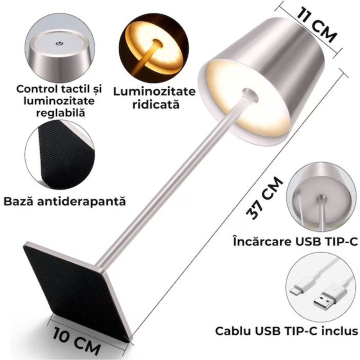 Lampa de masa touch led incarcabila VarioShop®, veioza ambientala cu control tactil, functie de schimbare a intesitatii, 3 temperaturi de culoare cald, neutru, rece, acumulator 5200 mah, 37 x 9.5 cm [3]