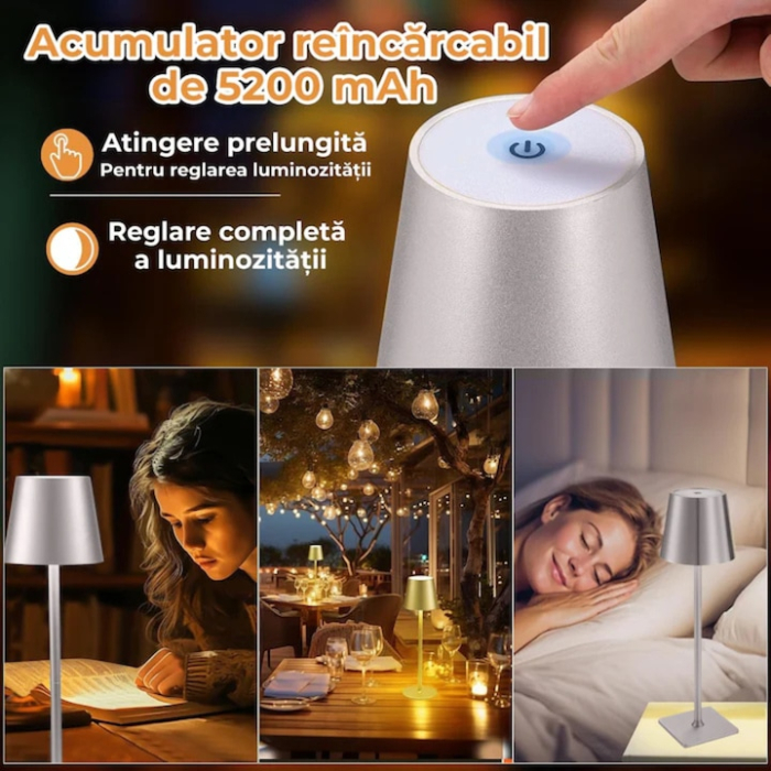 Lampa de masa touch led incarcabila VarioShop®, veioza ambientala cu control tactil, functie de schimbare a intesitatii, 3 temperaturi de culoare cald, neutru, rece, acumulator 5200 mah, 37 x 9.5 cm [4]