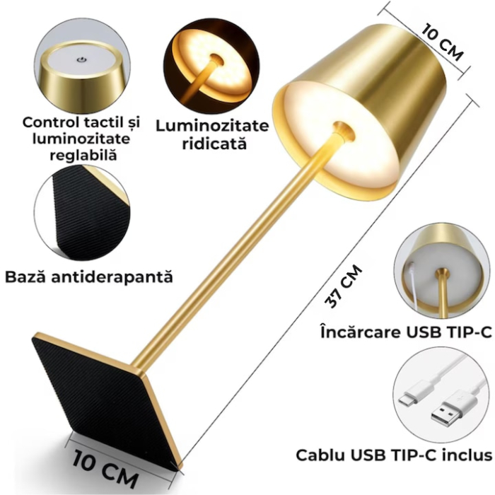 Lampa de masa touch led incarcabila VarioShop®, veioza ambientala cu control tactil, functie de schimbare a intesitatii, 3 temperaturi de culoare cald, neutru, rece, acumulator 5200 mah, 37 x 9,5 cm [2]