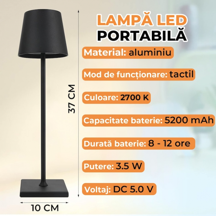 Lampa de masa touch led incarcabila VarioShop®, veioza ambientala cu control tactil, functie de schimbare a intesitatii, 3 temperaturi de culoare cald, neutru, rece, 5 W, acumulator 5200 mah, 37 x 9, [6]