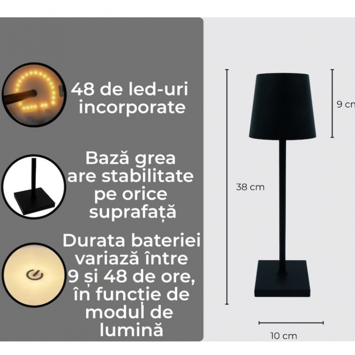 Lampa de masa touch led incarcabila VarioShop®, veioza ambientala cu control tactil, functie de schimbare a intesitatii, 3 temperaturi de culoare cald, neutru, rece, 5 W, acumulator 5200 mah, 37 x 9, [3]