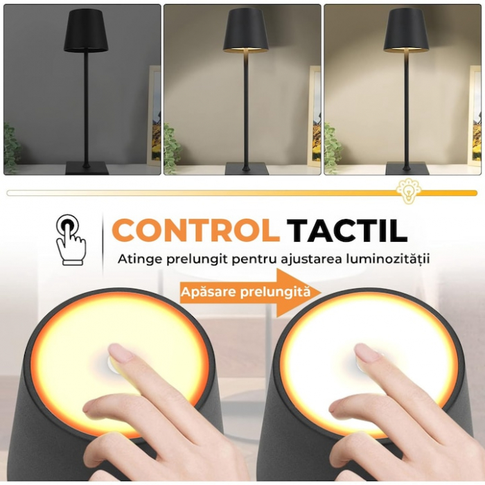 Lampa de masa touch led incarcabila VarioShop®, veioza ambientala cu control tactil, functie de schimbare a intesitatii, 3 temperaturi de culoare cald, neutru, rece, 5 W, acumulator 5200 mah, 37 x 9, [2]