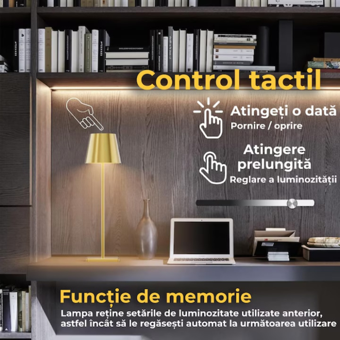 Lampa de masa touch led incarcabila VarioShop®, veioza ambientala cu control tactil, functie de schimbare a intesitatii, 3 temperaturi de culoare cald, neutru, rece, acumulator 5200 mah, 37 x 9,5 cm [5]