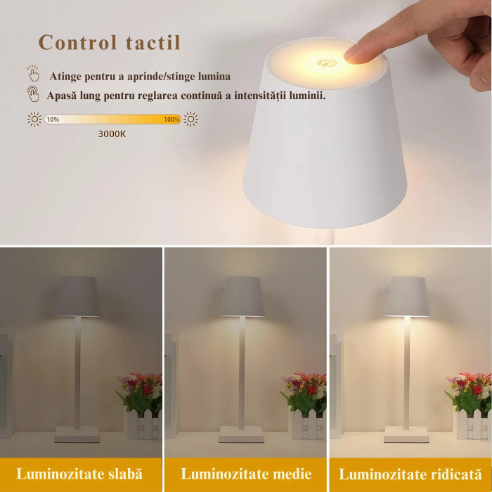 Lampa de masa touch led incarcabila VarioShop®, veioza ambientala cu control tactil, functie de schimbare a intesitatii, 3 temperaturi de culoare cald, neutru, rece, 5 W, acumulator 5200 mah, 37x9, 5 [2]