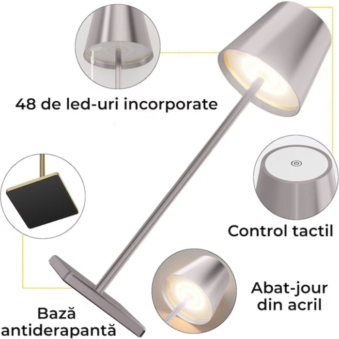 Lampa de masa touch led incarcabila VarioShop®, veioza ambientala cu control tactil, functie de schimbare a intesitatii, 3 temperaturi de culoare cald, neutru, rece, acumulator 5200 mah, 37 x 9.5 cm [2]
