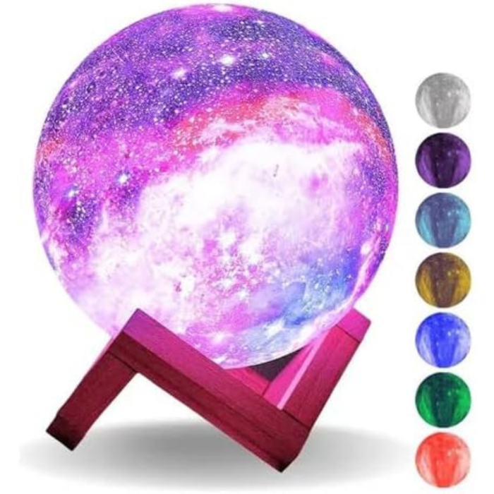 Lampa de noapte 3D VarioShop®, imita luna, 16 culori RGB, 4 moduri de iluminare, control tactil, telecomanda, diametru 15 cm, cu suport lemn si cablu USB, Multicolor [7]