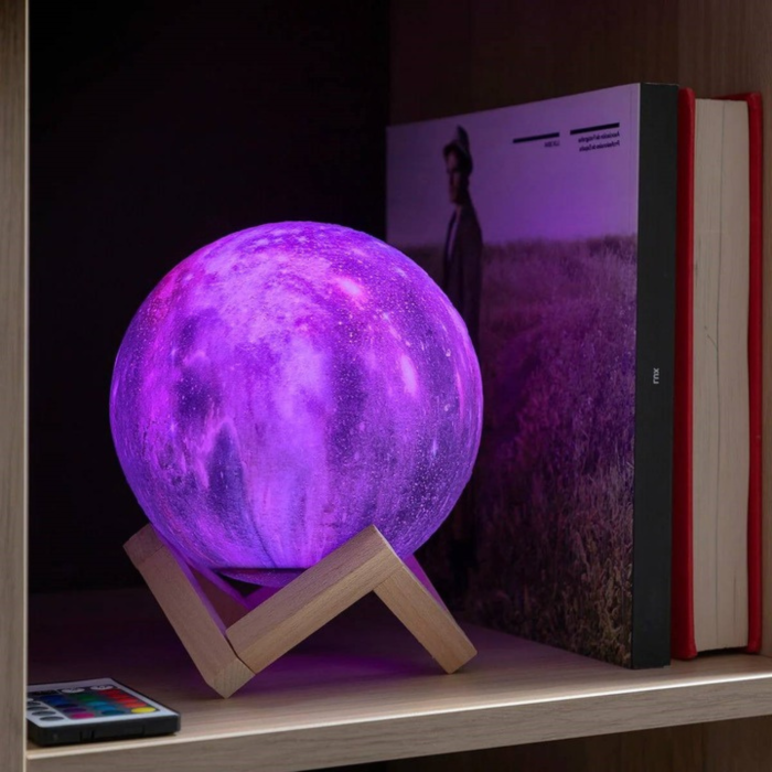 Lampa de noapte 3D VarioShop®, imita luna, 16 culori RGB, 4 moduri de iluminare, control tactil, telecomanda, diametru 15 cm, cu suport lemn si cablu USB, Multicolor [5]
