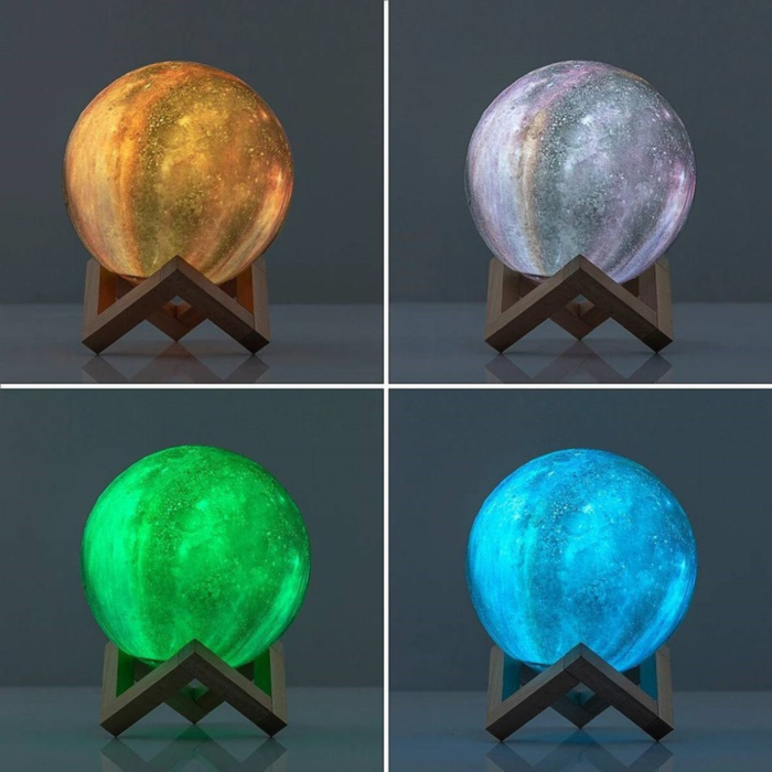 Lampa de noapte 3D VarioShop®, imita luna, 16 culori RGB, 4 moduri de iluminare, control tactil, telecomanda, diametru 15 cm, cu suport lemn si cablu USB, Multicolor [6]