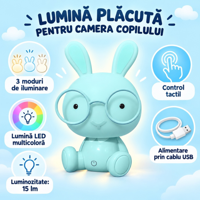 Lampa de veghe copii VarioShop®, forma iepuras, LED multicolor, 3 moduri de iluminare, panou tactil, USB, 23 cm, albastru [6]
