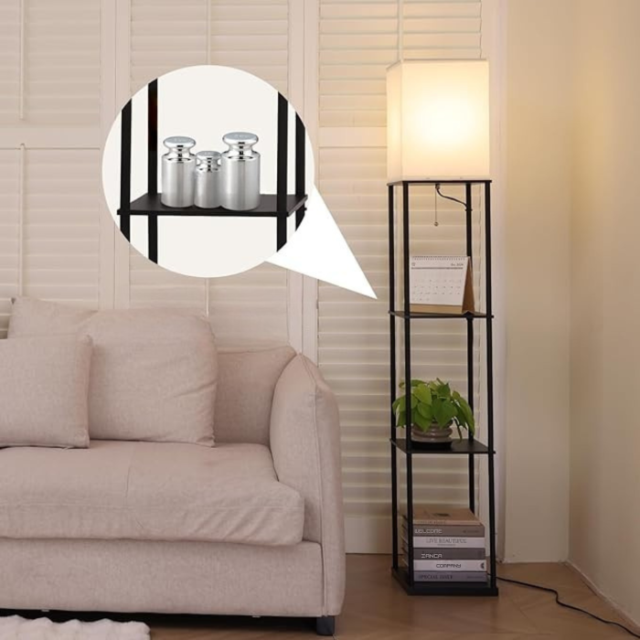 Lampa de podea cu rafturi VarioShop®, 2 in 1, cu abajur si cadru metalic, bec LED E27 inclus, pentru living, dormitor, birou si hol, 160 x 26 cm, negru/nuanta deschisa [9]