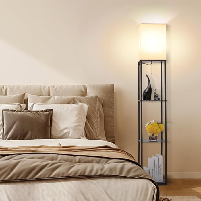 Lampa de podea cu rafturi VarioShop®, 2 in 1, cu abajur si cadru metalic, bec LED E27 inclus, pentru living, dormitor, birou si hol, 160 x 26 cm, negru/nuanta deschisa [6]