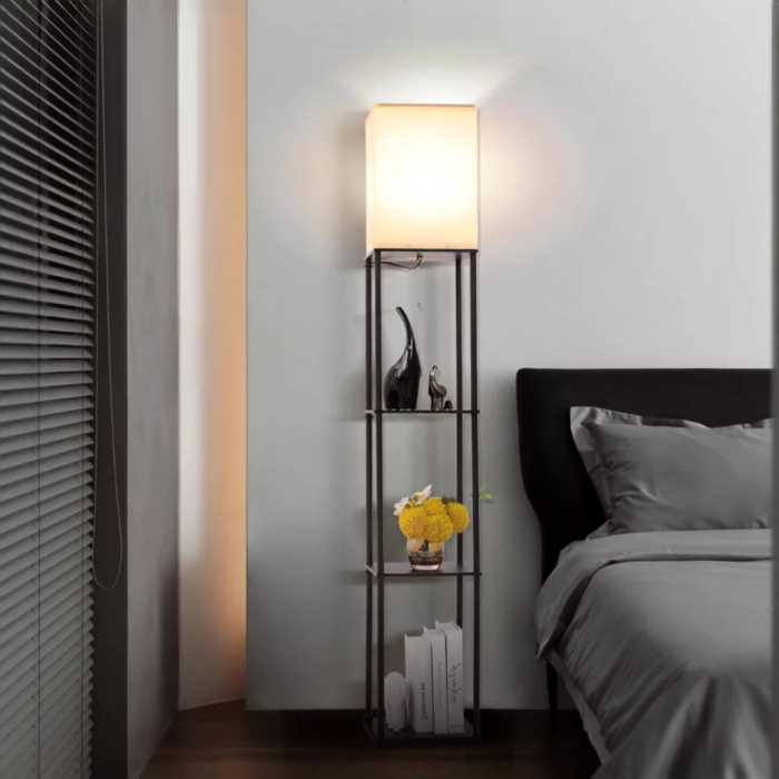 Lampa de podea cu rafturi VarioShop®, 2 in 1, cu abajur si cadru metalic, bec LED E27 inclus, pentru living, dormitor, birou si hol, 160 x 26 cm, negru/nuanta deschisa [7]