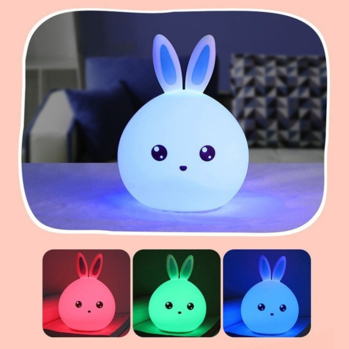 Lampa de veghe pentru copii VarioShop®, in forma de iepuras, silicon moale, RGB, control tactil, baterii incluse, 5 culori, 15.5 cm, Alb [3]