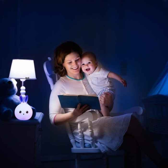 Lampa de veghe pentru copii VarioShop®, in forma de iepuras, silicon moale, RGB, control tactil, baterii incluse, 5 culori, 15.5 cm, Alb [2]