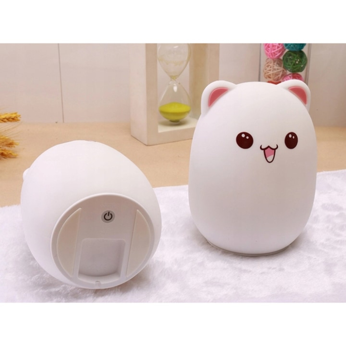 Lampa de veghe pentru copii VarioShop®, in forma de pisica, silicon moale, RGB, control tactil, USB, 5 culori, baterie reincarcabila 1200mAh, Alb/Roz [6]
