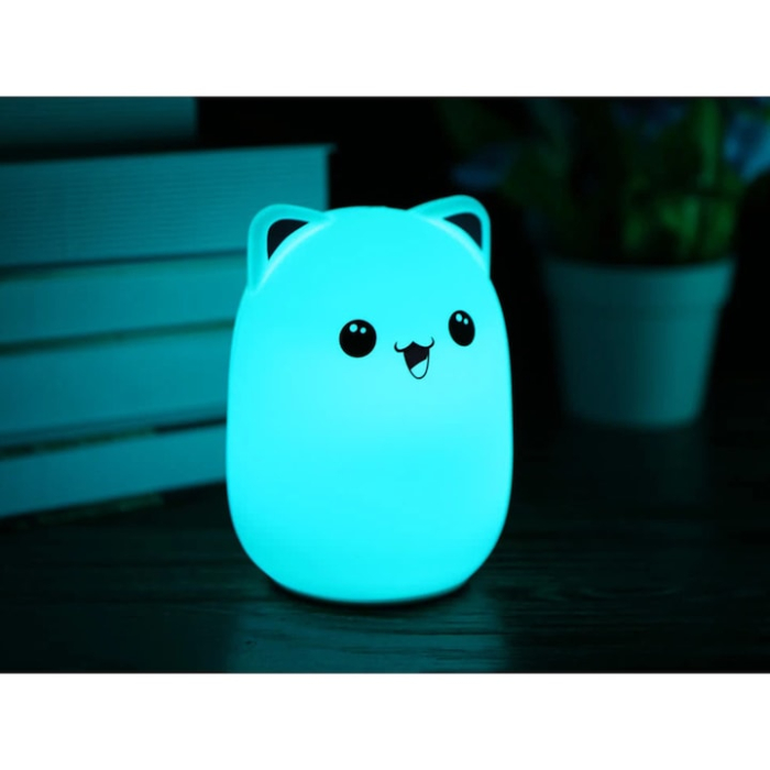 Lampa de veghe pentru copii VarioShop®, in forma de pisica, silicon moale, RGB, control tactil, USB, 5 culori, baterie reincarcabila 1200mAh, Alb/Roz [3]