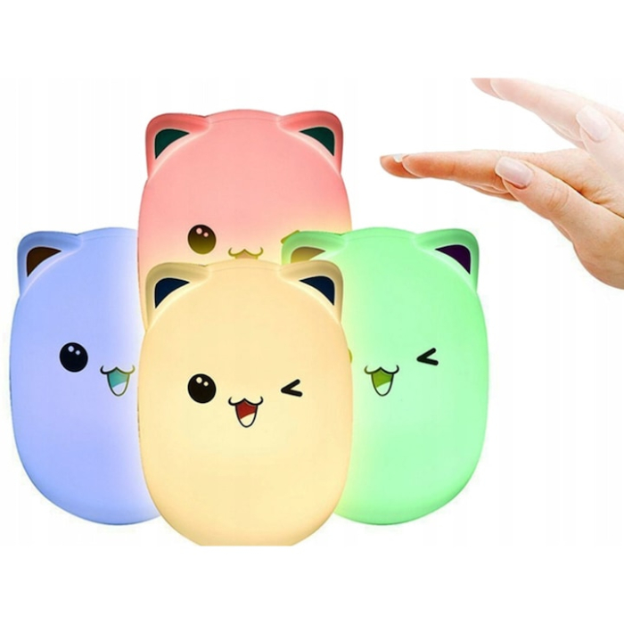 Lampa de veghe pentru copii VarioShop®, in forma de pisica, silicon moale, RGB, control tactil, USB, 5 culori, baterie reincarcabila 1200mAh, Alb/Roz [5]