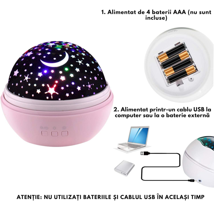 Lampa de veghe pentru copii VarioShop®, Proiector cu Stele si Luna / Viata Marina, Ideal pentru Somn, Camera Copilului, 2 Filtre Detasabile, 12 x 12 x 10 cm, Roz [2]