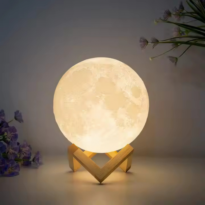 Lampa de veghe VarioShop®, model luna 3D, 12 moduri iluminare, suport lemn, incarcare USB, 18 cm [7]