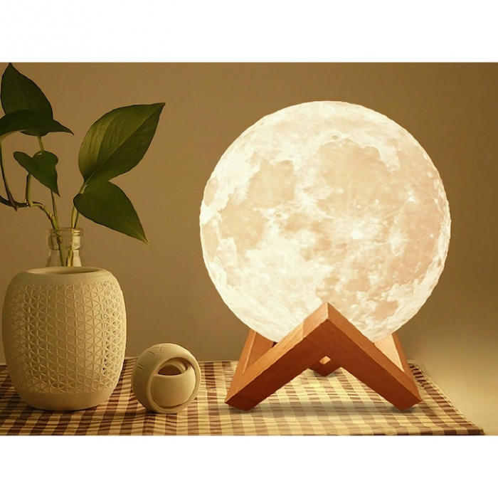 Lampa de veghe VarioShop®, model luna 3D, 12 moduri iluminare, suport lemn, incarcare USB, 18 cm [12]