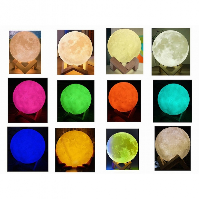 Lampa de veghe VarioShop®, model luna 3D, 12 moduri iluminare, suport lemn, incarcare USB, 18 cm [18]
