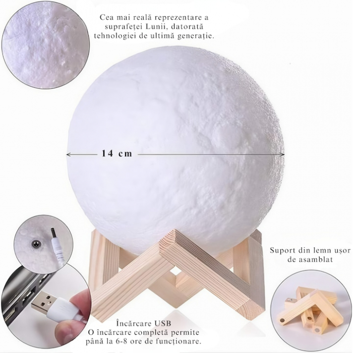 Lampa de veghe VarioShop®, model luna 3D, 12 moduri iluminare, suport lemn, incarcare USB, 18 cm [9]