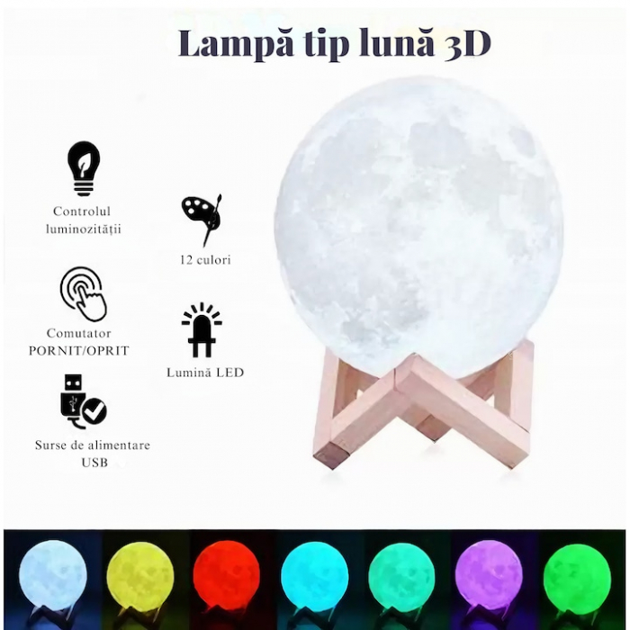 Lampa de veghe VarioShop®, model luna 3D, 12 moduri iluminare, suport lemn, incarcare USB, 18 cm [17]