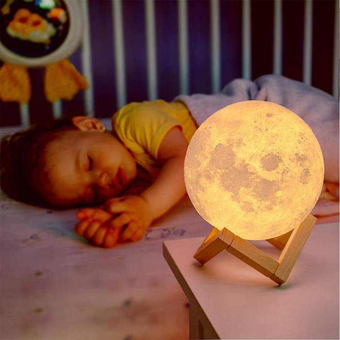 Lampa de veghe VarioShop®, model luna 3D, 12 moduri iluminare, suport lemn, incarcare USB, 18 cm [5]