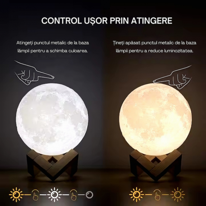 Lampa de veghe VarioShop®, model luna 3D, 12 moduri iluminare, suport lemn, incarcare USB, 18 cm [4]