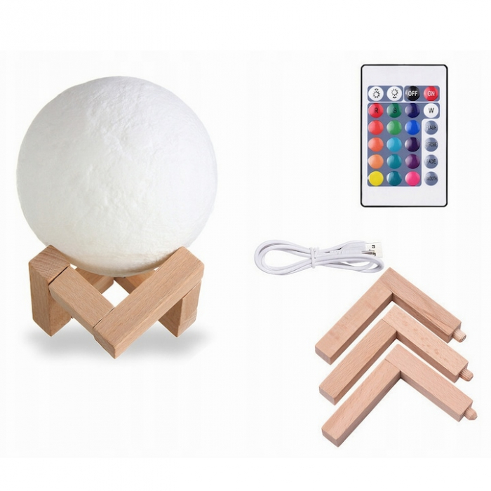 Lampa de veghe VarioShop®, model luna 3D, 12 moduri iluminare, suport lemn, incarcare USB, 18 cm [19]