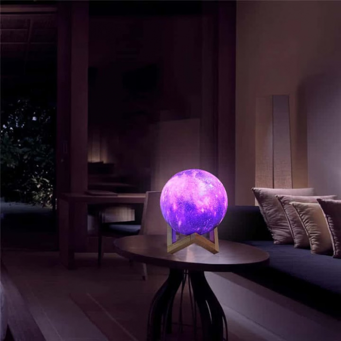 Lampa de veghe VarioShop®, model luna si stele 3D, 16 moduri iluminare, suport lemn, incarcare USB, 10 cm [3]
