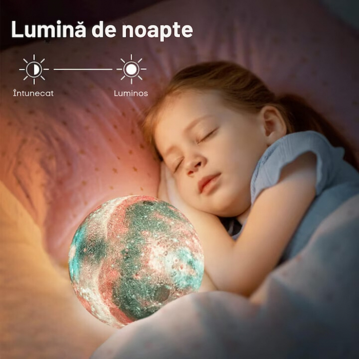 Lampa de veghe VarioShop®, model luna si stele 3D, 16 moduri iluminare, suport lemn, incarcare USB, 10 cm [2]