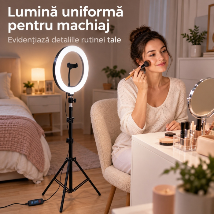 Lampa circulara LED VarioShop, pentru machiaj si continut video, lumina calda, neutra si rece, intensitate reglabila, suport telefon ,diametru 26 cm, USB, 60W, trepied pana la 220 cm [8]